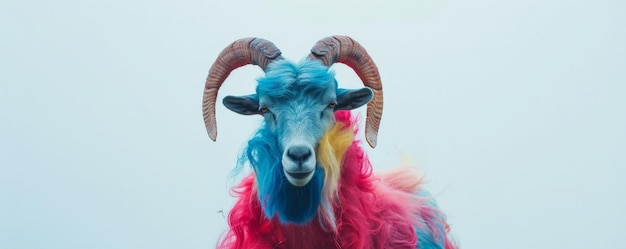 A sturdy goat with wool in bold colors such as red blue and yellow set against a bright white