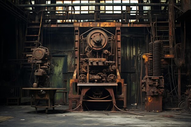 Photo a sturdy metal guard standing tall amidst the industrial backdrop with rusty machinery