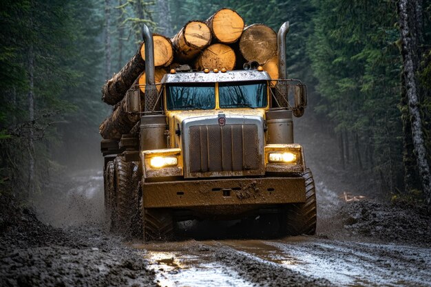 Sturdy and rugged log truck is successfully navigating muddy forest road while carrying timber logs