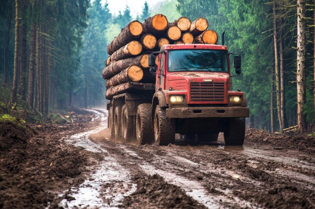 Sturdy and rugged log truck is successfully navigating muddy forest road while carrying timber logs