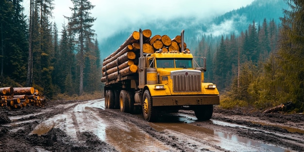 Sturdy and rugged log truck is successfully navigating muddy forest road while carrying timber logs