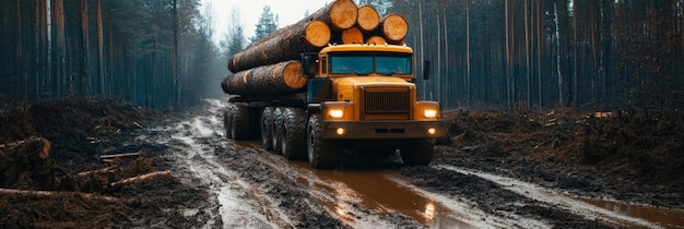 Sturdy and rugged log truck is successfully navigating muddy forest road while carrying timber logs