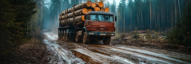 Sturdy and rugged log truck is successfully navigating muddy forest road while carrying timber logs