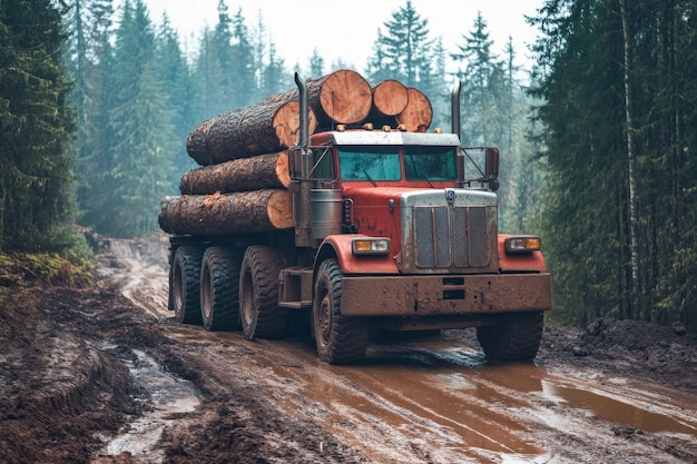 Sturdy and rugged log truck is successfully navigating muddy forest road while carrying timber logs