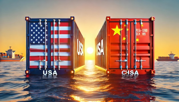 A sturdy shipping container with American and Chinese flags colliding symbolizing international tra