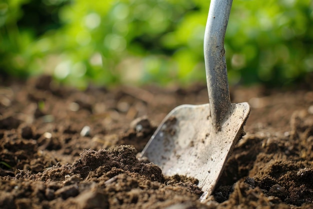 Photo a sturdy shovel digs into fertile soil signifying the beginning of a gardening or farming endeavor