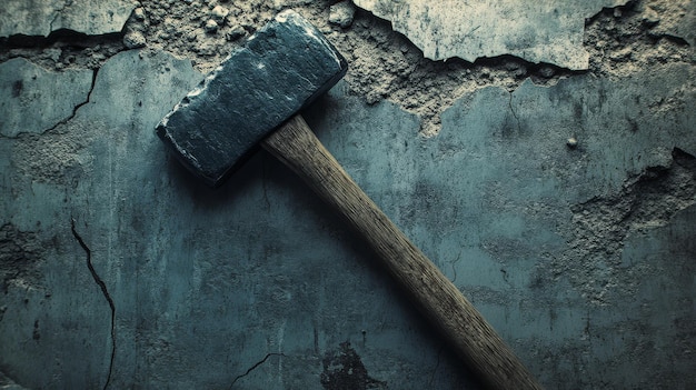 Sturdy sledgehammer leans against worn cracked concrete echoing stories of past labor