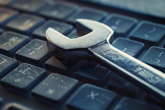 Photo a sturdy wrench rests on a computer keyboard symbolizing the intersection between technology and manual labor in a modern workspace