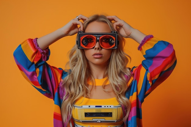 Photo style blonde in 90s clothes with vhs cassette on orange background