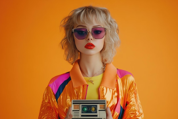 Photo style blonde in 90s clothes with vhs cassette on orange background