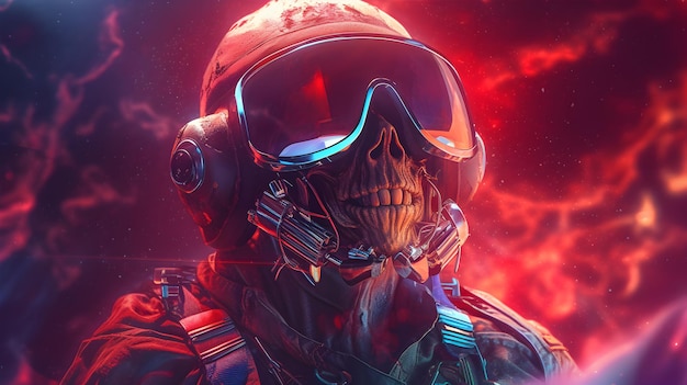 Style of detailed and intricate skull wearing red sunglasses wearing cosmonaut suit portrait ai