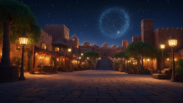 style fantasy world landscape that represent Ramadhan arabian night