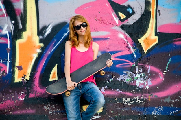 Style girl with skateboard near graffiti wall.