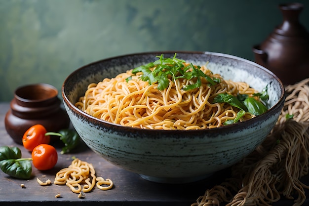 The style still life with noodles in the bowl