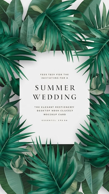 Photo styled summer wedding desktop stationery mockup blank greeting and invitation card green tropical l