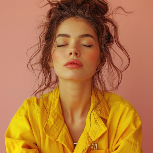 Stylish 20s Woman Sitting in Shopping Cart Eyes Closed Against Pink Studio Background