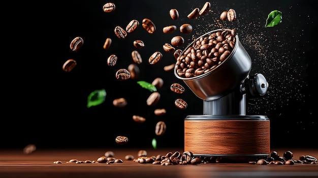 Stylish 3D Coffee Grinder with Levitating Beans Symbolizing Fresh Roasted Brew