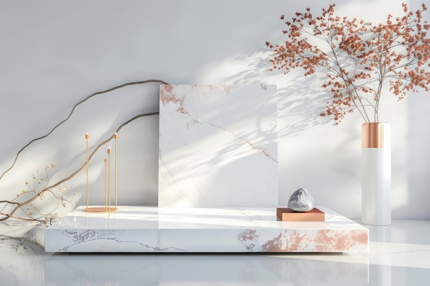 Stylish 3D Marble Podium with White Rectangle and Golden Spring Mockup