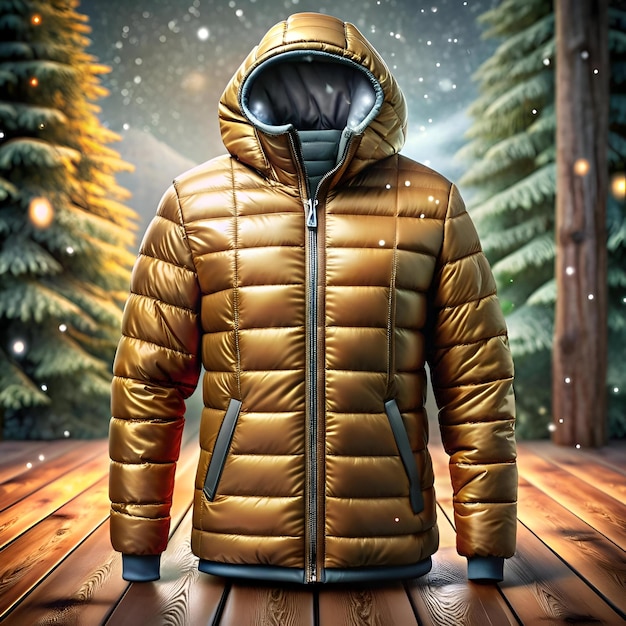 Photo a stylish 3d model of a gold puffer jacket perfect for winter fashion illustrations website designs and social media graphics