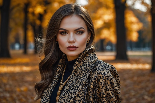 Stylish adult girl in a glamorous outfit suitable for late autumn in a European park