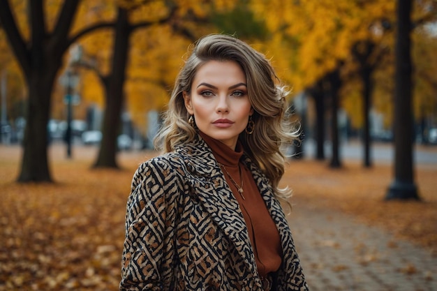 Stylish adult girl in a glamorous outfit suitable for late autumn in a European park