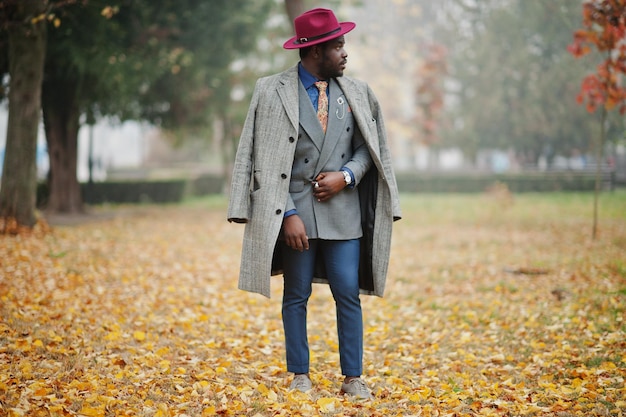 Stylish African American man model in gray coat jacket tie and red hat posed at foggy weather street at autumn