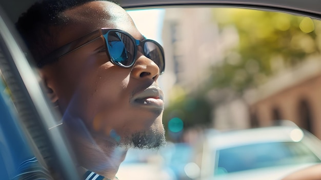 Stylish African American man wearing sunglasses in a car