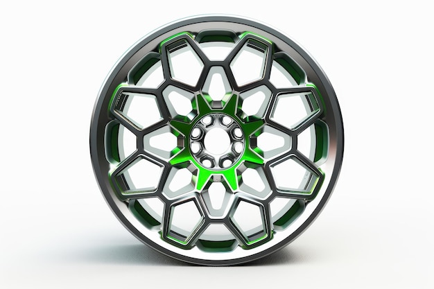 Photo stylish alloy wheel design featuring a unique geometric pattern with a green accent against a white backdrop