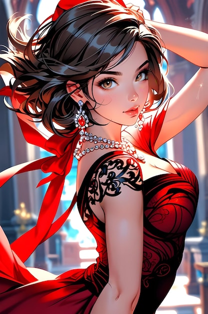 Photo stylish anime art red dress coloring page