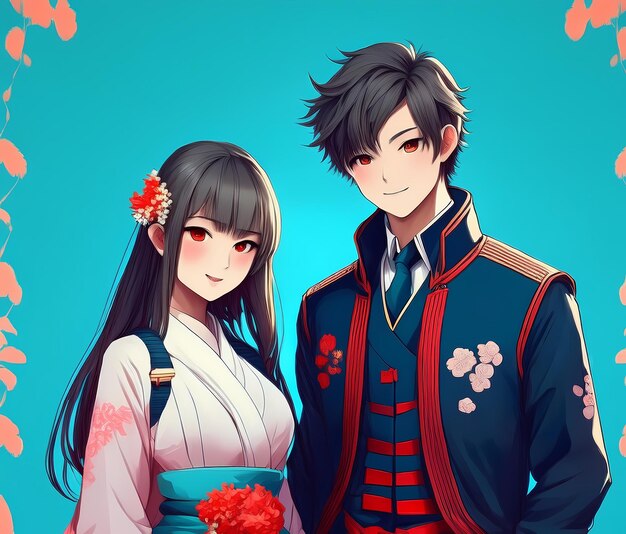 stylish anime couple on a date and looks at the camera dressed in fashionable japanese clothes