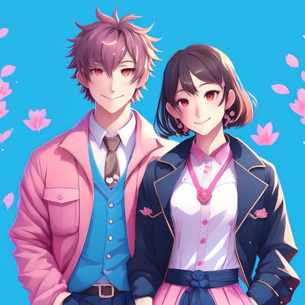 stylish anime couple on a date and looks at the camera dressed in fashionable japanese clothes