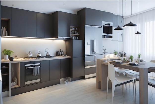 Stylish apartment interior with modern kitchen Idea for home design