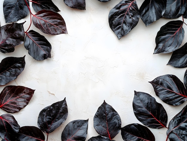 Photo stylish arrangement of deep black leaves with thin red stems on white background perfect for minimalist design botanical art and natureinspired decor