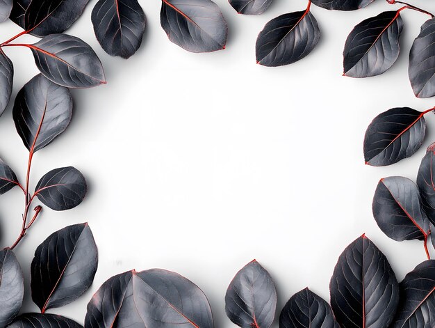 Photo stylish arrangement of deep black leaves with thin red stems on white background perfect for minimalist design botanical art and natureinspired decor