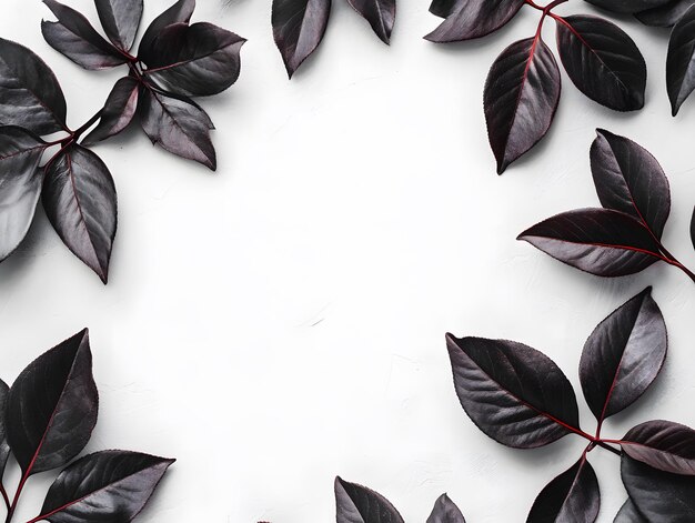 Photo stylish arrangement of deep black leaves with thin red stems on white background perfect for minimalist design botanical art and natureinspired decor