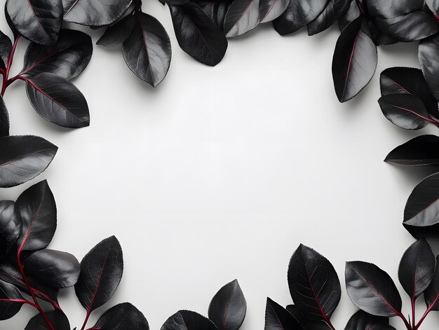 Photo stylish arrangement of deep black leaves with thin red stems on white background perfect for minimalist design botanical art and natureinspired decor