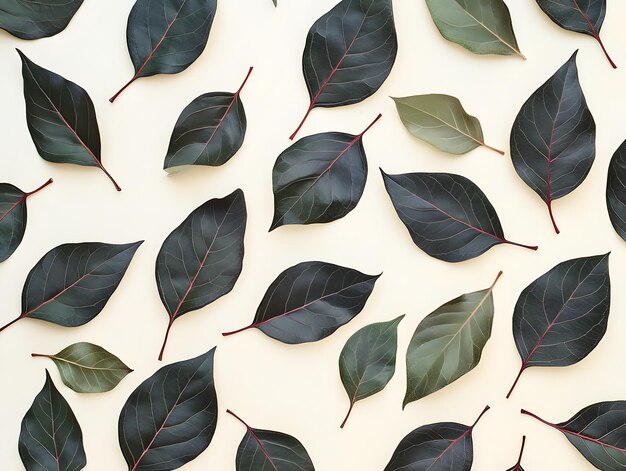 Photo stylish arrangement of deep black leaves with thin red stems on white background perfect for minimalist design botanical art and natureinspired decor