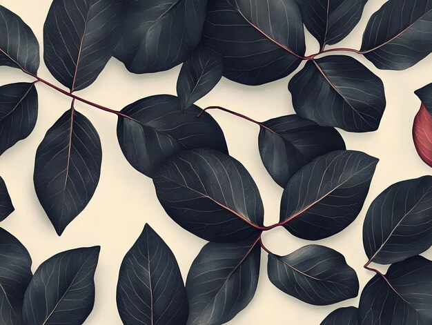 Photo stylish arrangement of deep black leaves with thin red stems on white background perfect for minimalist design botanical art and natureinspired decor