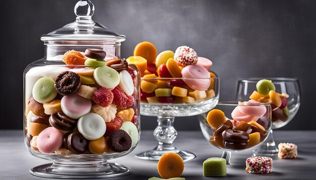 Photo stylish arrangement of sweets in a clear glass apothecary jar