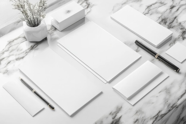 Photo a stylish arrangement of white stationery including letterhead envelopes and black pens placed on a marble surface with a small plant decoration