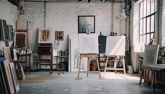 Photo stylish artists studio interior with easels and canvases creative hobby