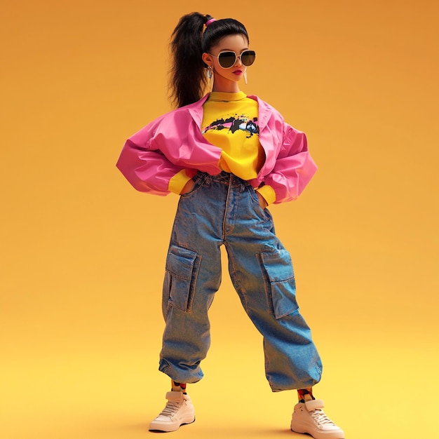 Photo stylish asian fashion model in 80s clothes