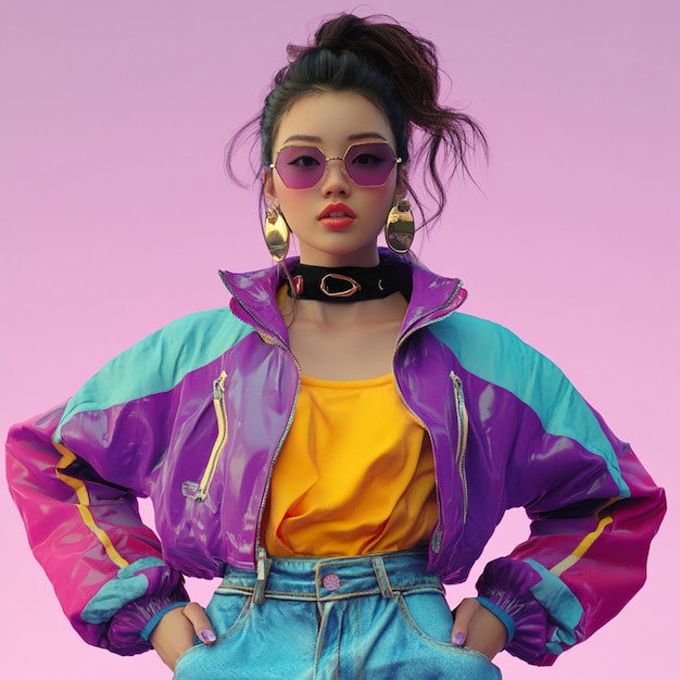 Photo stylish asian fashion model in 80s clothes