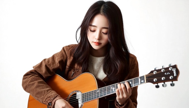 Stylish asian girl playing guitar