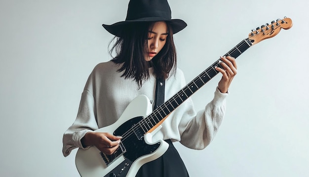 Stylish asian girl playing guitar