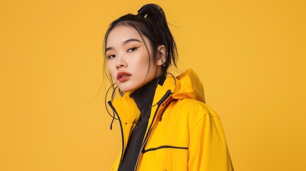 Photo stylish asian woman showing modern urban fashion on bright yellow background ai generated image