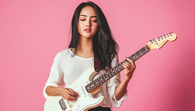 Stylish asian young woman playing guitar