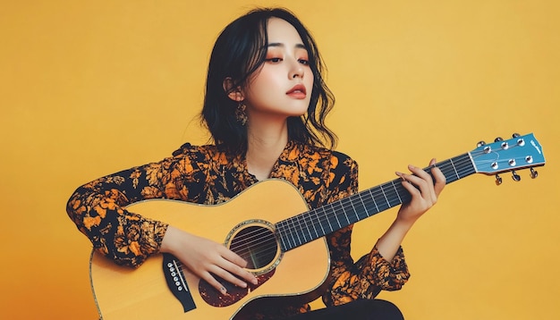 Stylish asian young woman playing guitar