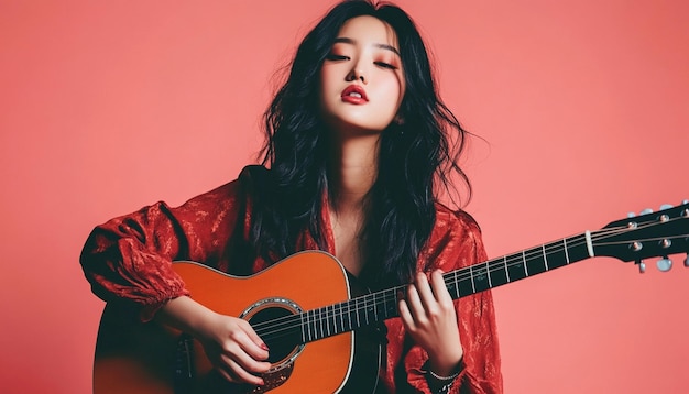 Stylish asian young woman playing guitar