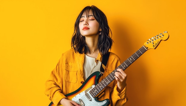 Stylish asian young woman playing guitar